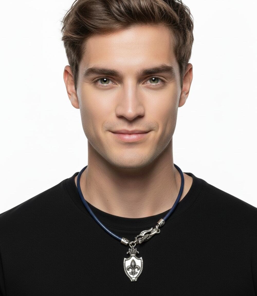 Stigma Mens Navy Blue Cord Necklace Silver Tone Fleur-de-Lis Shield Pendant NWT
